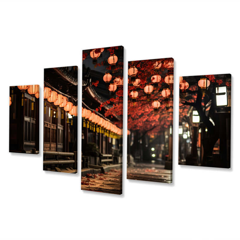 Lanterne en papier Japon Art Glow II - Art mural japonais, salon - 5 panneaux
