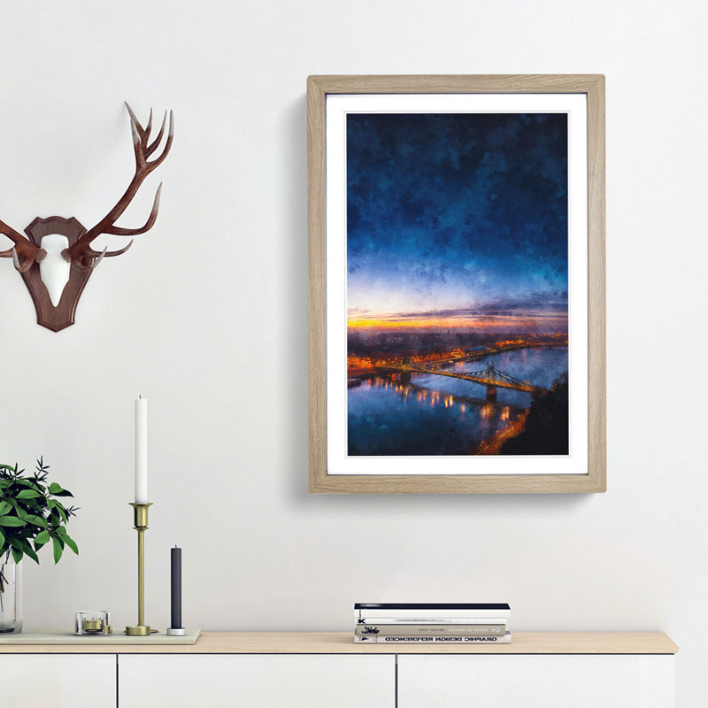 Budapest Skyline in Hungary - Picture Frame Painting Print, 63cm H x 45cm W x 2cm D, Oak Framed