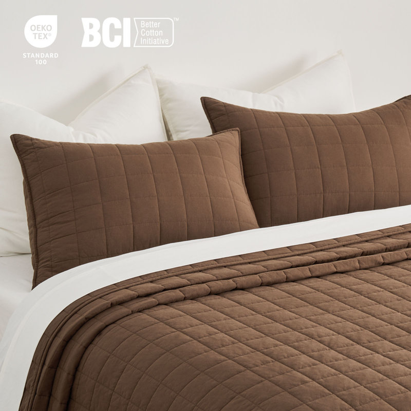100% Cotton Box Stitch Quilt Set, Queen Quilt + 2 Queen Shams, Sienna Brown