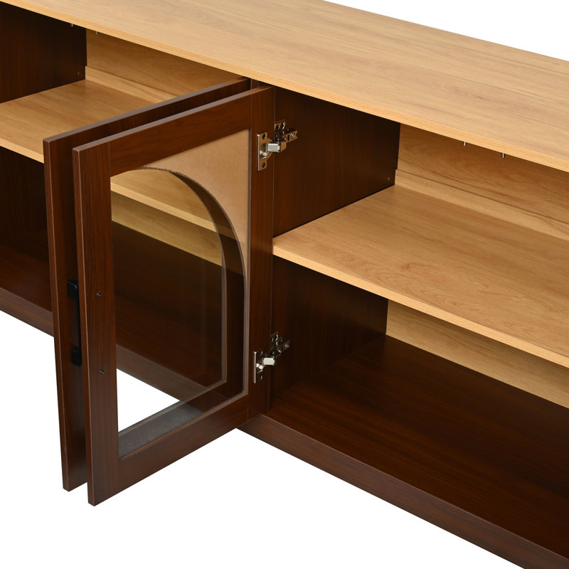66.9" Sideboard With Storage, Farmhouse TV Stand With 4 Semi-Arched Glass Doors, Wood Grain Sideboard With Adjustable Shelves And Cable Management