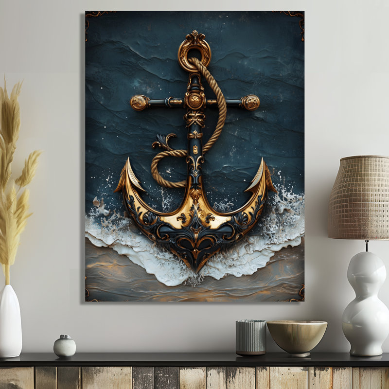 Ancre moderne sur la plage - décoration murale bord de mer en métal, impression métallique nautique, H 44 po x l 34 po