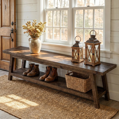 Banc à chaussures en bois massif 63 po avec rangement à 2 niveaux, banc d'entrée de style rustique pour le couloir