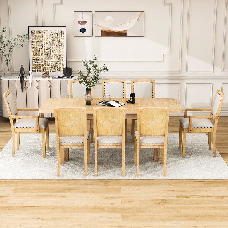 Rokiatou 9-Piece Dining Set,Removable Leaf Table with Wood Chairs, Natural, Natural Gray