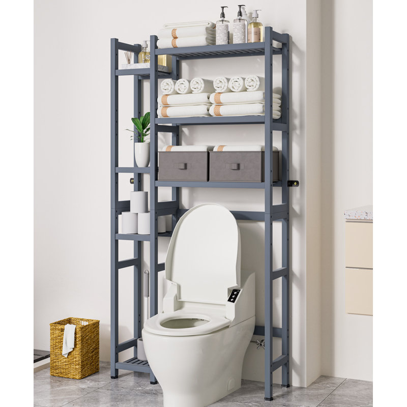 Over The Toilet Storage With Basket And Drawer, Bamboo Bathroom Organizer With Adjustable Shelf & Waterproof Feet Pad, Gray