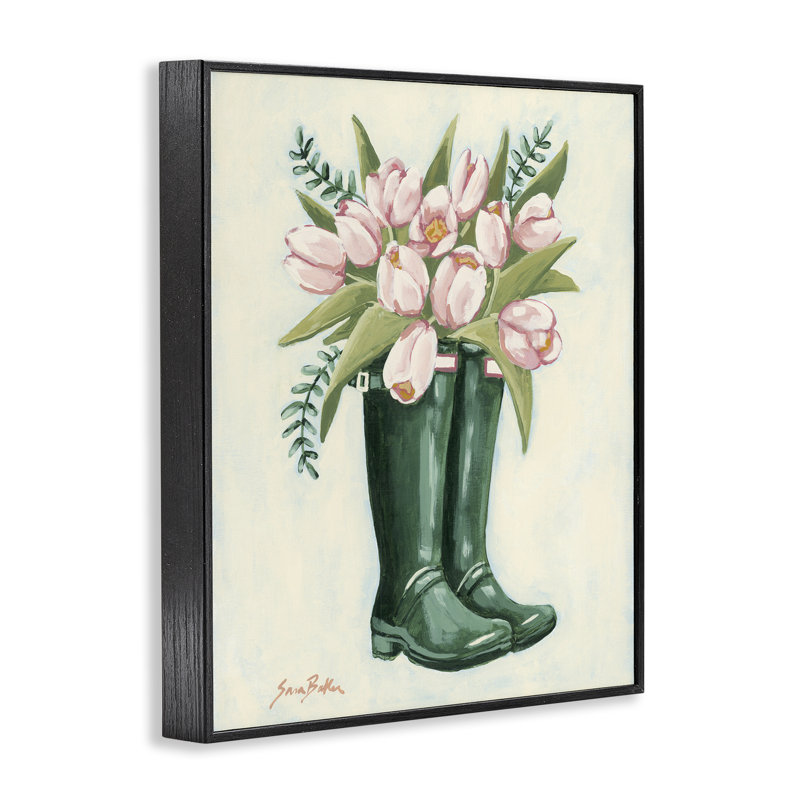 Tulipes dans des bottes de pluie, giclée encadrée, design par Sara Baker, H 14 po x l 11 po, Giclée encadrée noir minuit