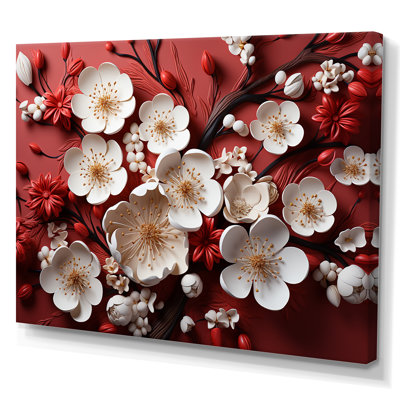 White And Red Orchid Flower Branches III - Abstract Floral Wall Art