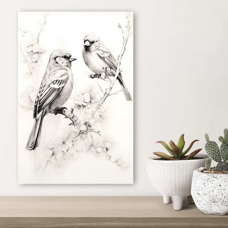 Two Sparrows Among Blossoms Delicate Contemporary Bird Flower Nature Wall Art Print 1 Piece Wrapped Canvas Wall Art