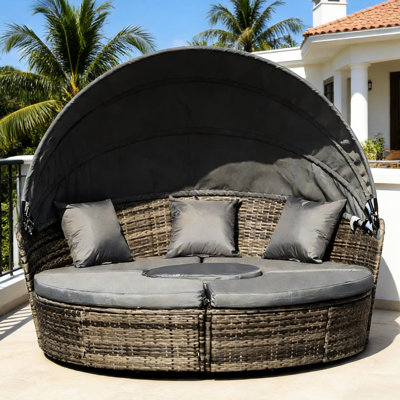 Ensemble de mobilier de patio 4 pièces, canapé-lit rond convertible avec auvent, gris foncé, idéal pour la pelouse et la véranda, housses de coussins amovibles, coussins épais et coussins décoratifs, montage inclus