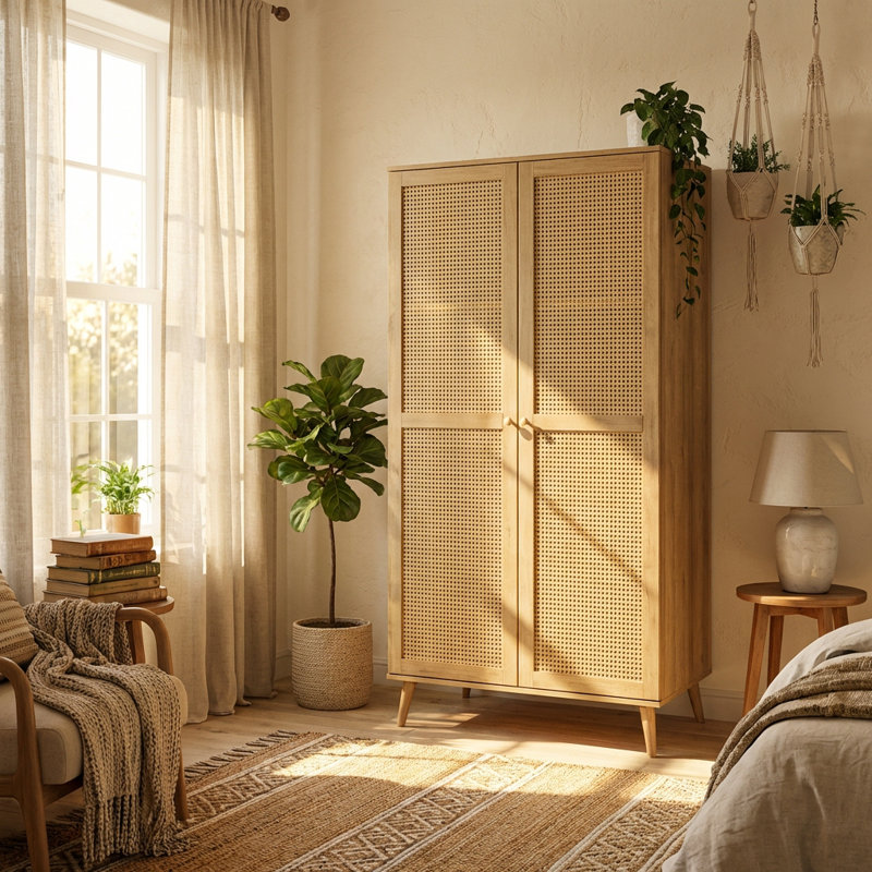 Manila Rattan 2 Door Double Wardrobe, Oak