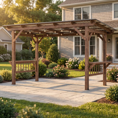 13' x 6.5' Wooden BBQ Gazebo with Metal Roof, String Lights and Bar Counters