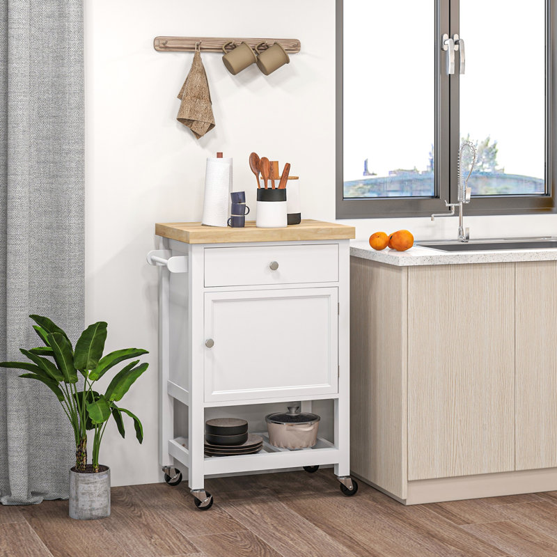 Chariot de cuisine utilitaire, îlot de cuisine roulant avec plateau en bois d'hévéa lisse, surface de bloc de boucher étroite sur roulettes