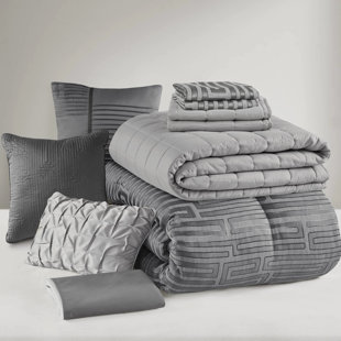 Grey Luxury 10 Pcs Queen Comforter - All Season Cozy With Bartack, Embroidered Design, Shams And Bed Skirt Complete Piece Quilt Geometric Pattern, Comfort, Timeless Box Stitching, 15 Inch Drop