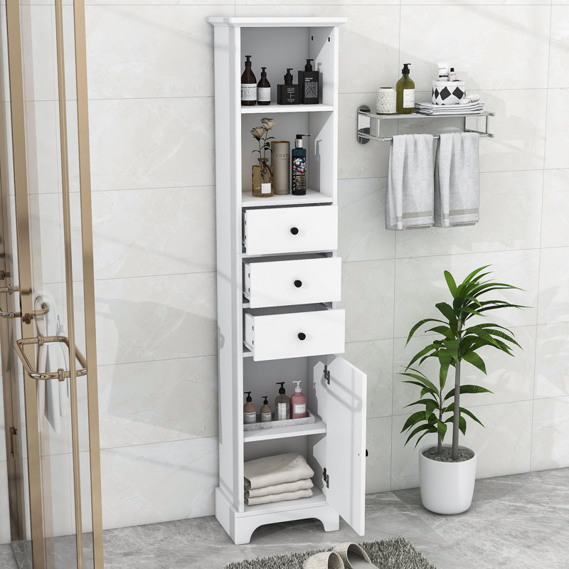 Fetah Tall Bathroom Cabinet, Freestanding Storage Cabinet with 3 Drawers and Adjustable Shelf, White