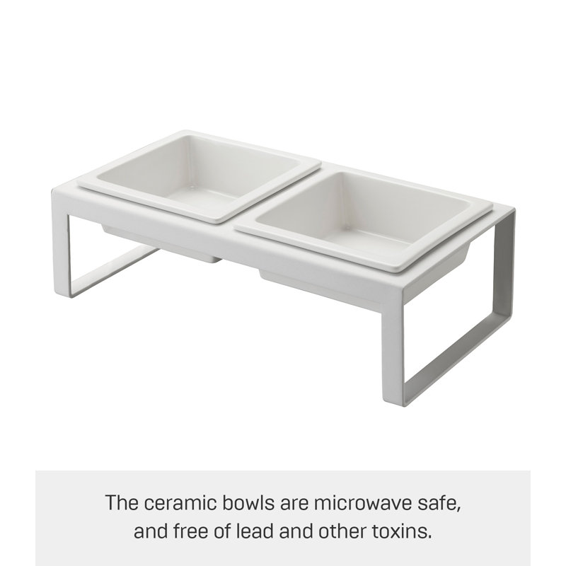 White Elevated Steel and Ceramic Pet Food Stand with Two Bowls