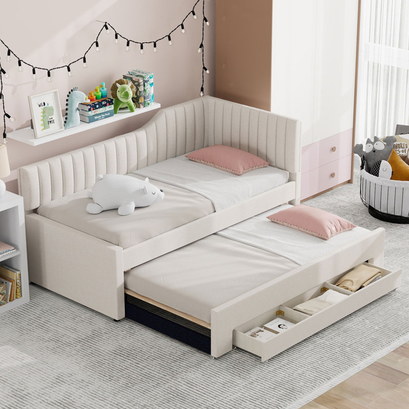 Full Size Upholstered Daybed with Trundle and 3 Storage Drawers – Beige Space-Saving Bedroom Furniture, Beige, Full