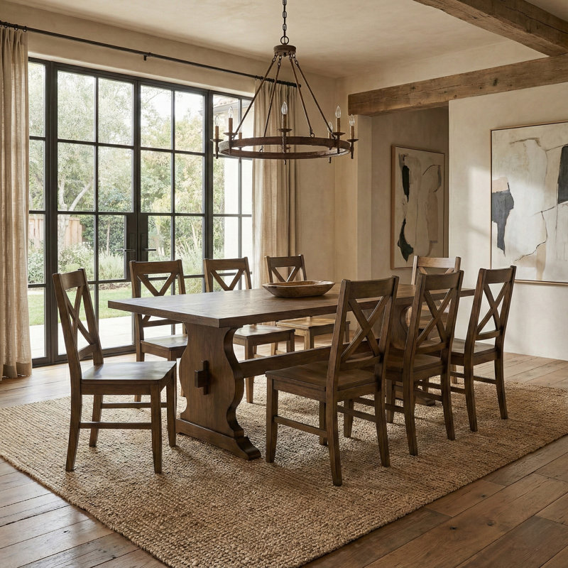 Almeda Traditional 70.8" Rectangular Dining Table Set, 9 Pieces: Table, 8 Chairs, Brown