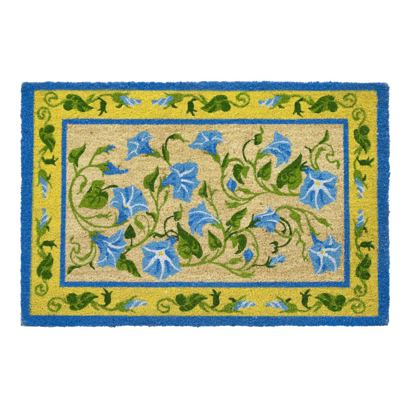 Morning Glory Blue and Yellow Coir Non-Slip Rectangular Doormat