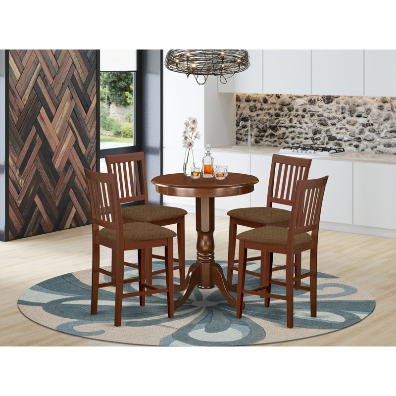 L'ensemble de salle à manger à hauteur de comptoir 3 pièces comprend une table de salle à manger ronde avec piédestal et 2 chaises rembourrées en tissu de lin, babeurre et cerise
