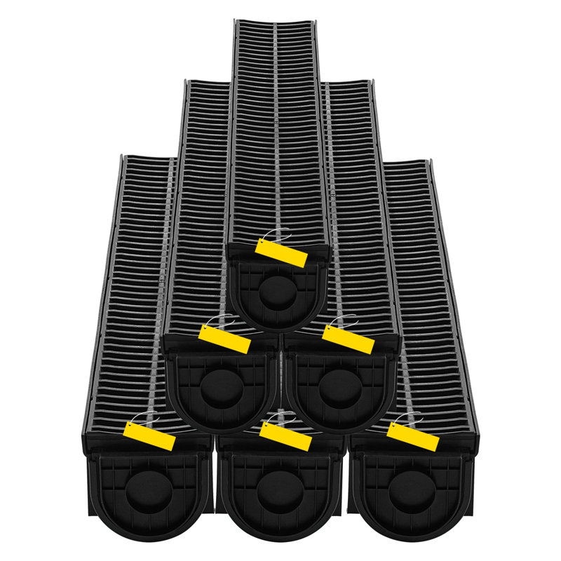 6-Pack Heavy Duty HDPE Trench Drain System with Plastic Grate - Commercial Grade Channel Drain for Garage, Driveway & Garden Floor