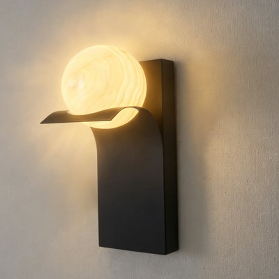 Modern Transitional Black Wall Sconce With Natural Snowflake Marble Globe Shade For Bedroom, Bathroom Vanity, Living Room, Hallway