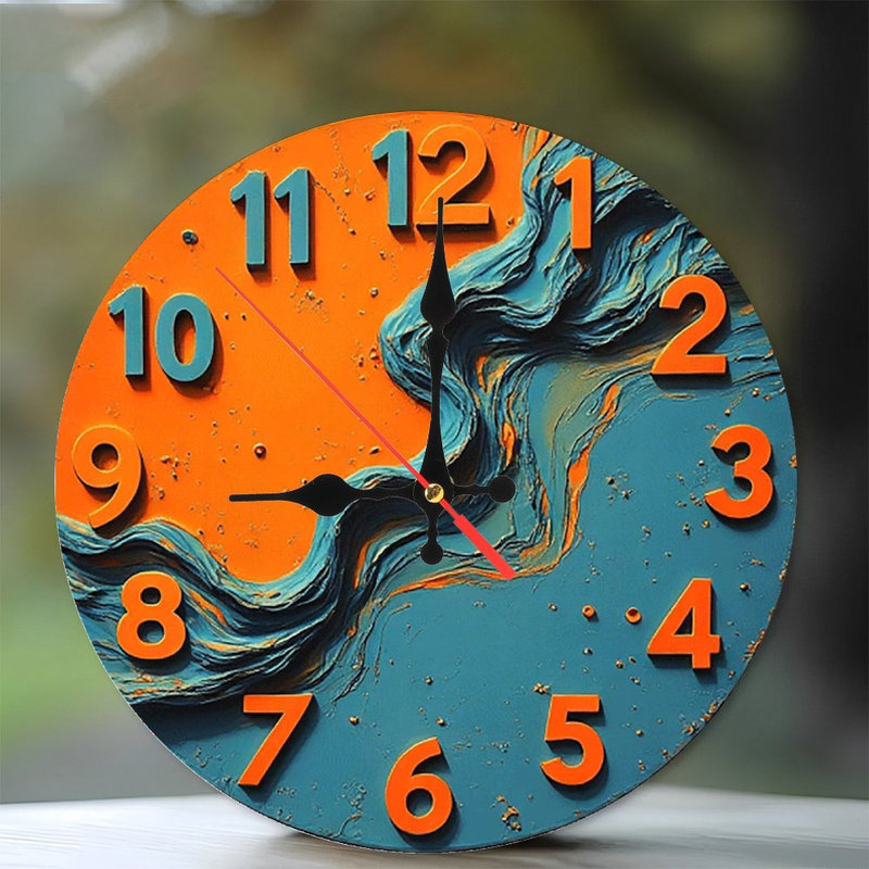 Horloge murale abstraite orange et bleue