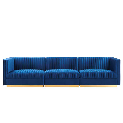 Sanguine Channel Tufted Performance Velvet 3-Seat Modular Sectional Sofa In Navy