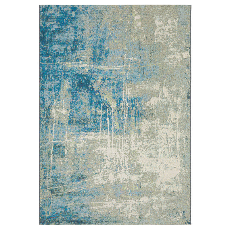 Arjay Distressed Glacial Abstract Beige/ Blue Indoor-Outdoor Rug, Rectangle 6'7" x 9'4"