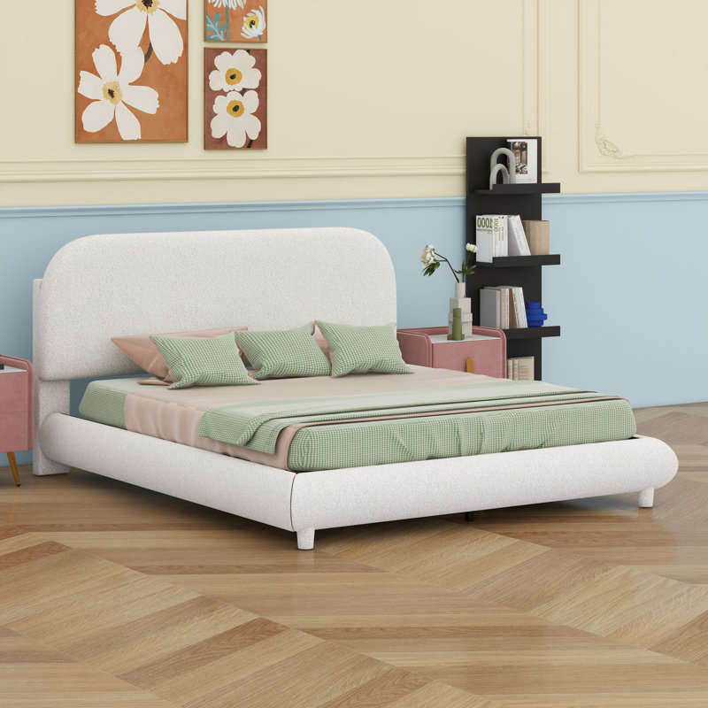 Lit plateforme tapissier avec tissu épais, structure solide et design courbé élégant, Beige, Grand