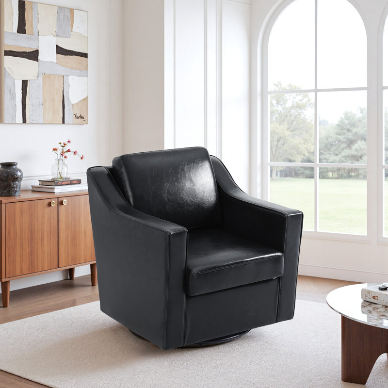 Bronnen Big And Wide Upholstered Cushion Swivel Armchair with Removable Back and Seat Cushion, Faux Leather, Black