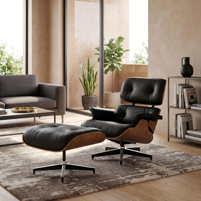 Mid Century Chaise Lounge Chair With Ottoman, Top Grain Leather Classic Design, Modern Accent Chair With Heavy Duty Base For Living Room Study Office