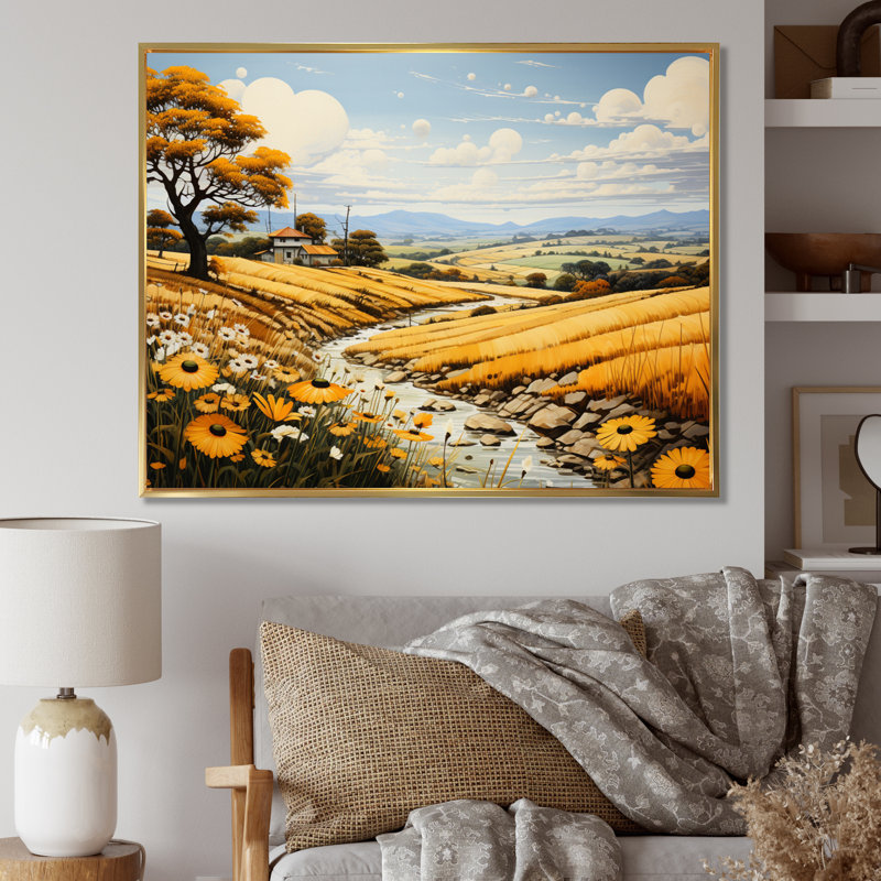 Countryside Yellow Fields Patchwork II - Modern Wall Art Prints, H 24 po x l 32 po x P 1 po, Cadre flottant doré