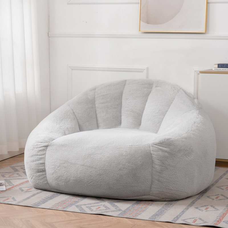 Giant Bean Bag Chair,Oversized Bean Bag Sofa Foam,Faux Fur Shell-Shaped Large Bean Bag For Adults, Gray Faux Fur
