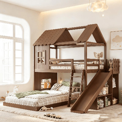 Lit superposé en bois massif, lit superposé cabane avec échelles et barrières de sécurité intégrales, lit superposé au sol avec armoire et placard intégrés, cadre de lit cabane pour chambre d'enfant (filles et garçons)