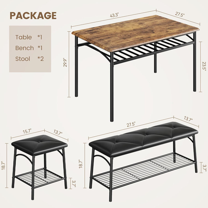 Ensemble de table de salle à manger 4 pièces avec banc et chaises rembourrés, meubles de cuisine et de salle à manger avec support de rangement