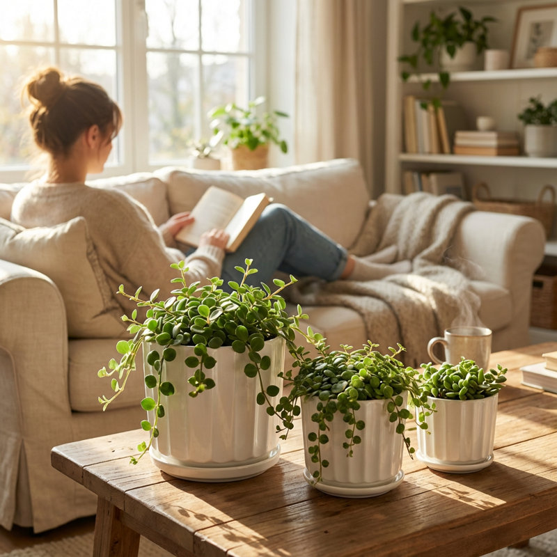 Ensemble de pots à fleurs 3 pièces en céramique blanche avec motif cannelé et soucoupes