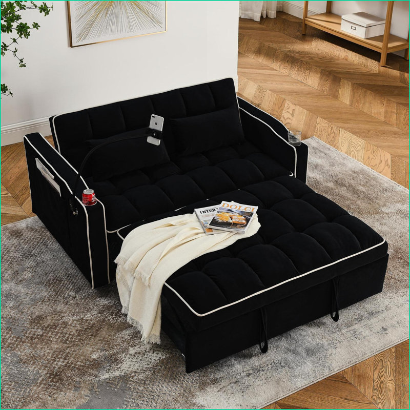 Sofas Couches, 55.5” Modern Velvet Sofa Bed with USB, Adjustable Back, Black | Solid Wood Frame