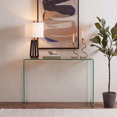 Elegant Haslemere 44'' Glass Sofa Table – Minimalist Tempered Glass Sofa Table with Sculptural Look