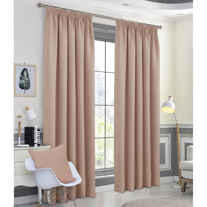 Meliha Pencil Pleat Blockout Curtains, Width 165 x Drop 183 cm, Soft Pink