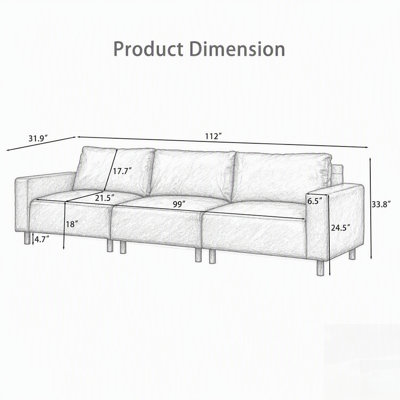 Luxury PU Leather Sofa for Living Room, Apartment, with Breathable Faux Leather and Solid Wood Legs