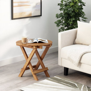 Foldable & Adjustable Acacia Wood Side Table, Teak Finish, No Assembly Required Outdoor Accent Table