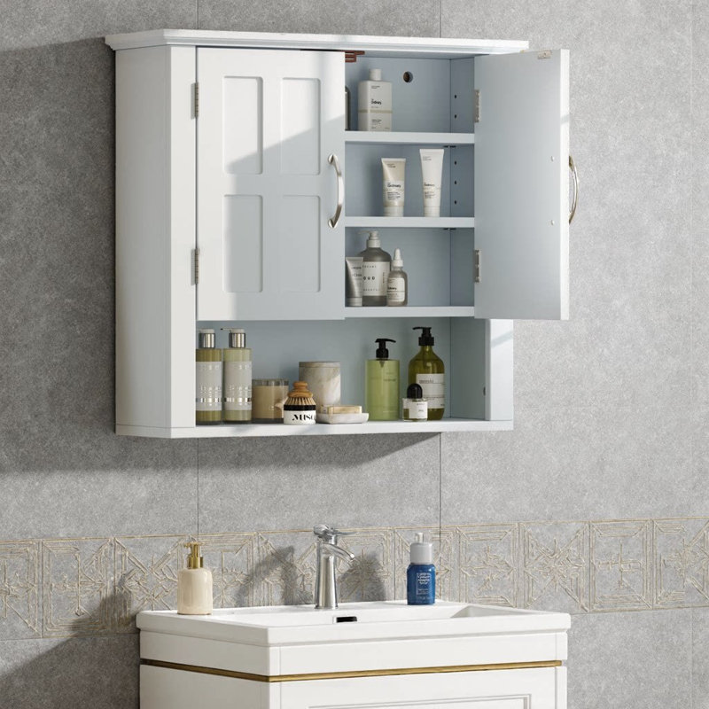 Armoire murale de salle de bain avec miroir | Armoire Ã  pharmacie de 66 cm avec une tablette en bois rÃ©glable et 6 tablettes ouvertes | Rangement mural pour articles de toilette, serviettes et objets dÃ©coratifs