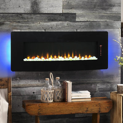 Foyer électrique incurvé avec télécommande - chaleur de 1400 W, 4 couleurs de flamme, rétro-éclairage réglable du lit 8 braises, chauffage mural à l'évent avant, poids de 33,71 lb, verre trempé et tôle
