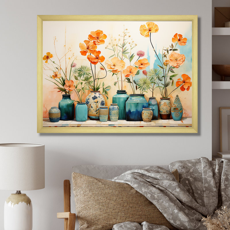 Aquarelle florale bleue II - art mural Boho, Cadre doré à coins fermés, H 24 po x l 32 po x P 1 po