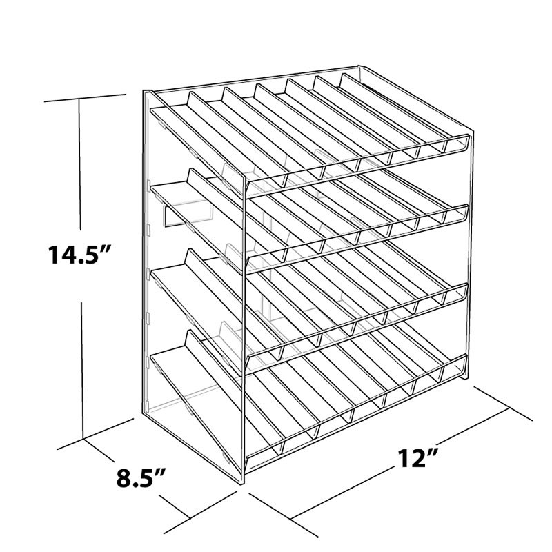 Présentoir à quatre niveaux et 28 compartiments (7 compartiments par niveau). Dimensions : 30,5 cm (L) x 21,5 cm (P) x 37 cm (H).