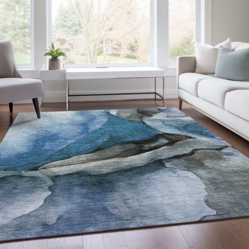 Machine Washable Indoor/Outdoor Xhevrie Blue Rug, Rectangle 5' x 7'6"