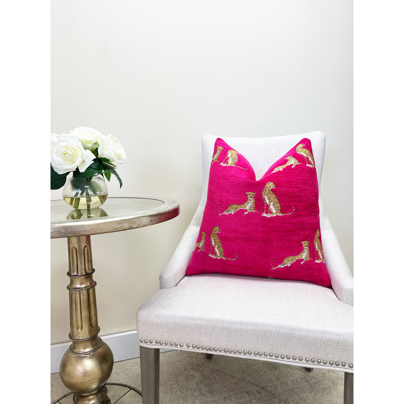 Embroidered Cheetah Chenille Throw Pillow Cover, Fuchsia, 20" H x 20" W