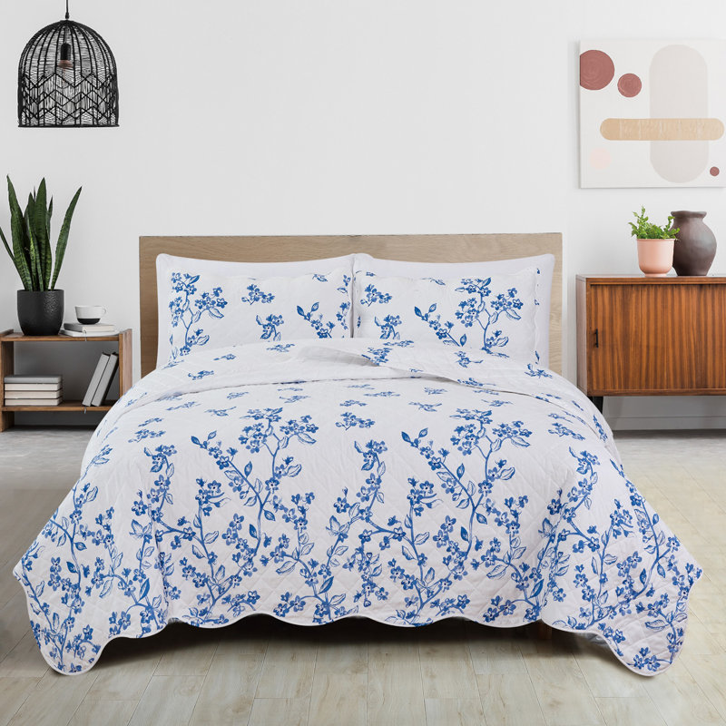 Blue Floral Twin Microfiber Reversible Quilt Set