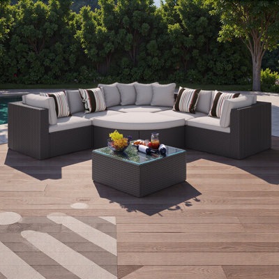 7-Piece Outdoor Wicker Sofa Set, Rattan Sofa Lounger, With Striped Pillows, Conversation Sofa, For Patio