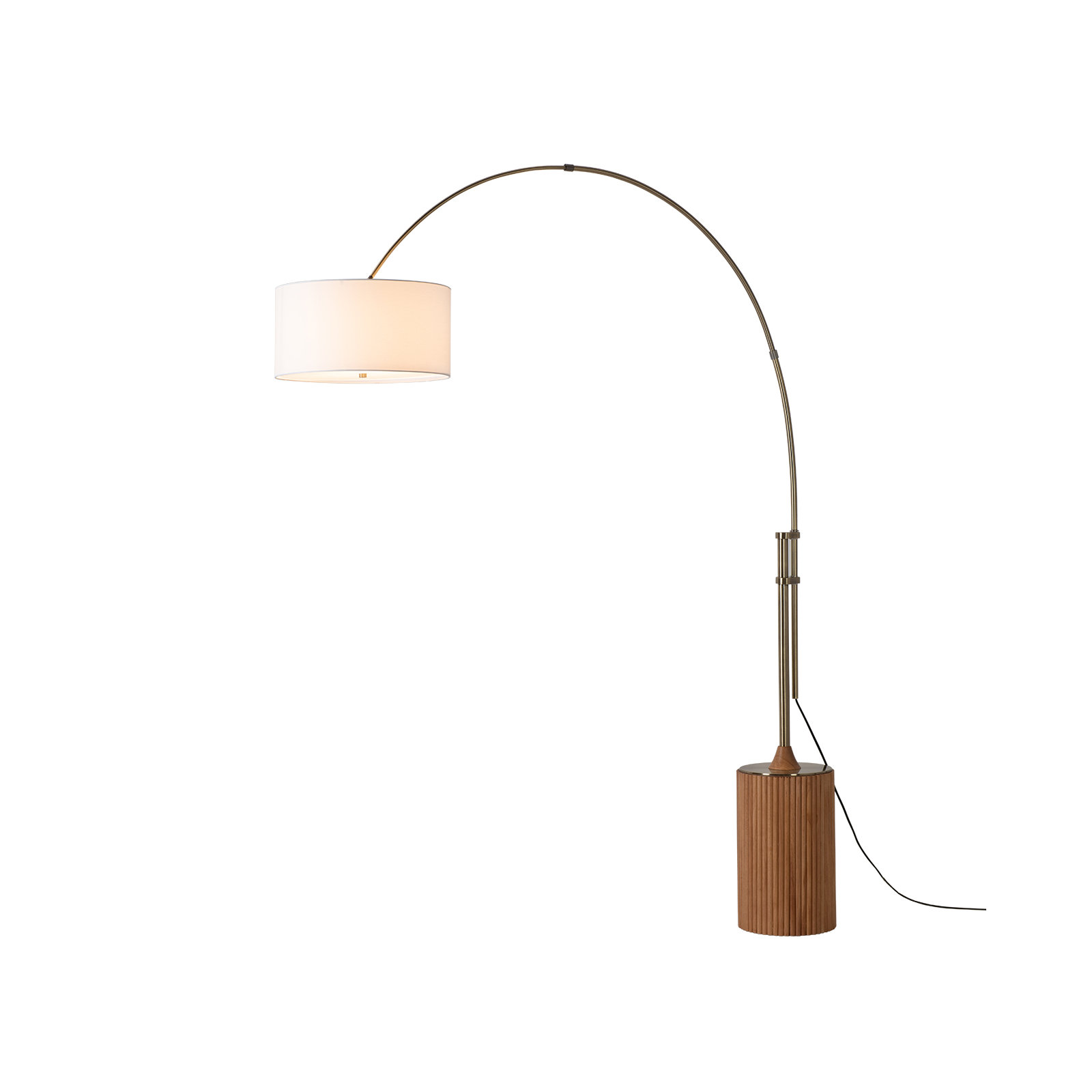 Tambo Arc Floor Lamp - Dark Walnut Wood Finish, Weathered Brass, Tambour base, White Linen Shade, Di, Natural Ash