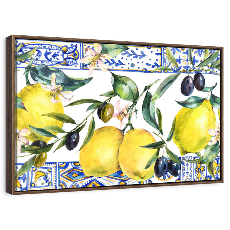 Citrons et olives, 19 po x 13 po, Cadre flottant noyer
